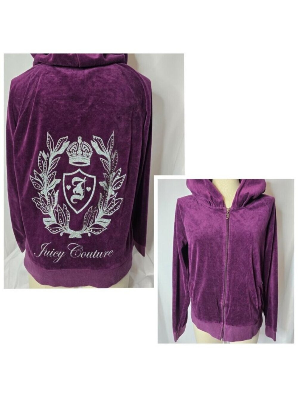 Vintage Y2K Bling Juicy Couture Velour Sweater Hoodie Purple Womens LARGE